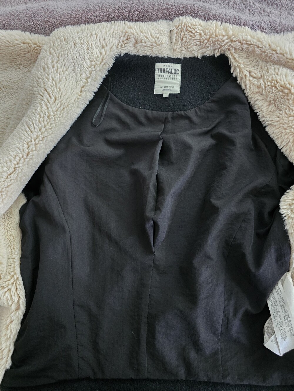 ZARA Black Trafaluc Shearling Style Jacket W/Faux Fur Draped Collar Wool Blend - Picture 10 of 11